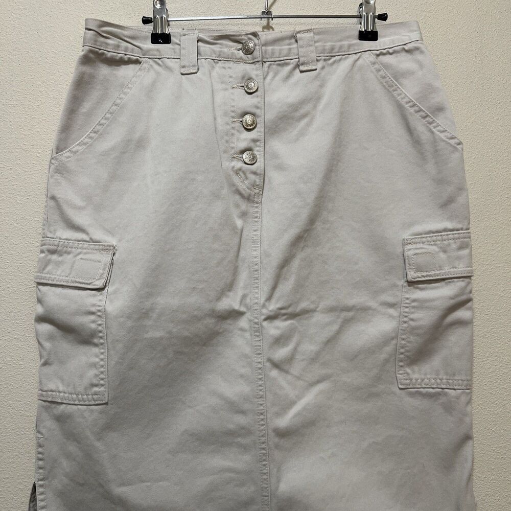 D'MODE CLASSIX Vtg 100% Cotton Khaki Cargo Midi Skirt Pockets Buttons 11/12
